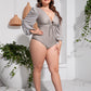 Plus Size Tied Deep V Balloon Sleeve One-Piece Swimsuit-