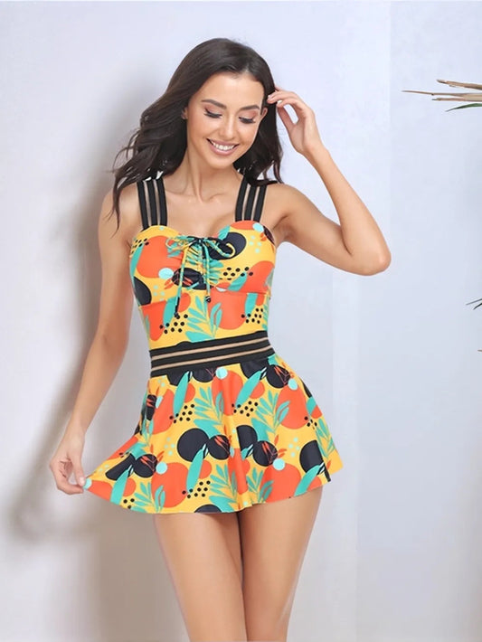 Ruched Printed Sweetheart Neck Two-Piece Swim Set-
