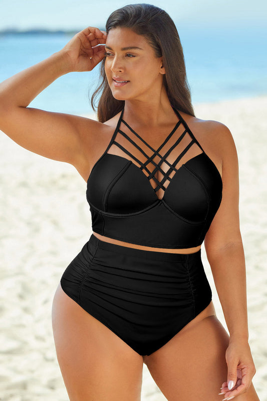 Full Size Halter Neck Crisscross Ruched Two-Piece Swimsuit-