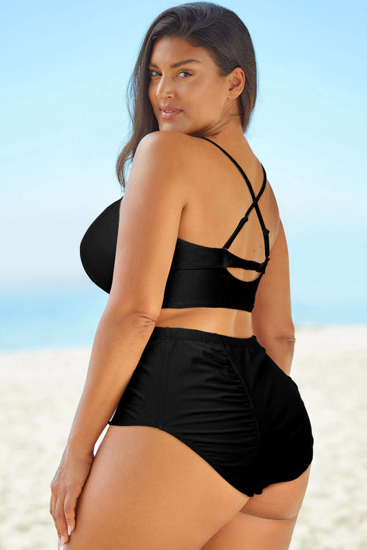 Full Size Halter Neck Crisscross Ruched Two-Piece Swimsuit-