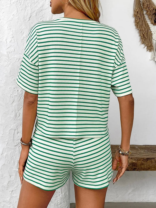 Striped Round Neck Short Sleeve Top and Shorts Set-