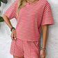 Striped Round Neck Short Sleeve Top and Shorts Set-