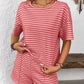 Striped Round Neck Short Sleeve Top and Shorts Set-