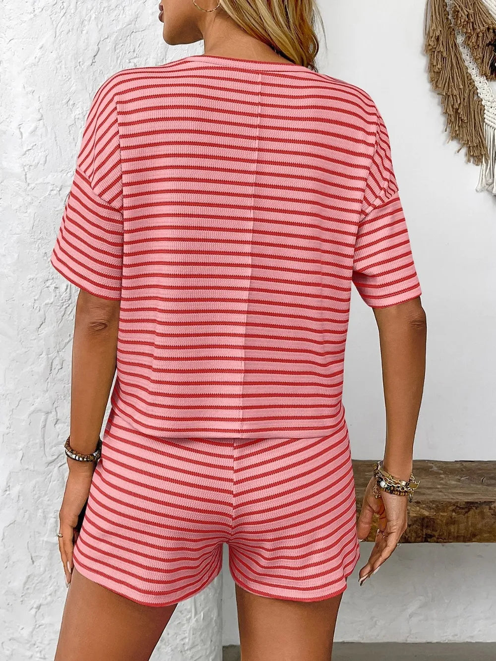 Striped Round Neck Short Sleeve Top and Shorts Set-