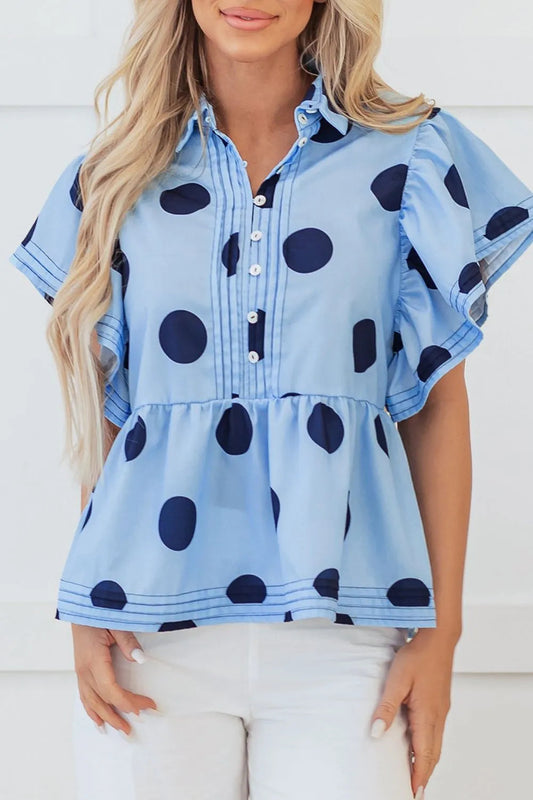 Polka Dot Print Ruffled Short Sleeve Buttoned  Blouse