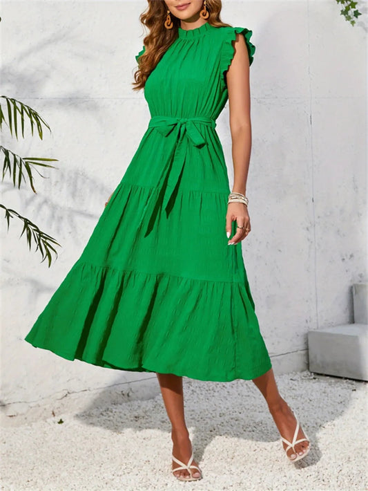 Frill Mock Neck Ruffled Cap Sleeve Midi Dress-