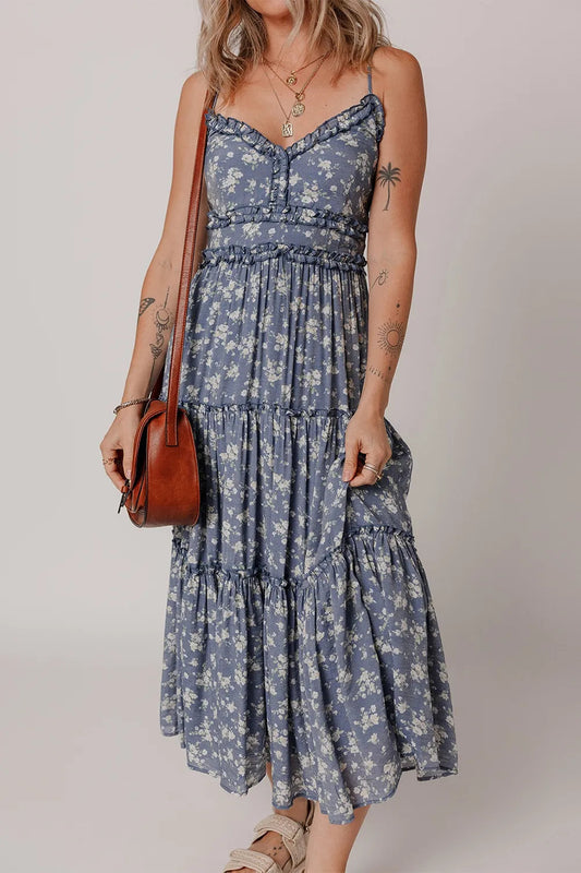Floral Spaghetti Strap Frilled V Neck Tiered Midi Dress-