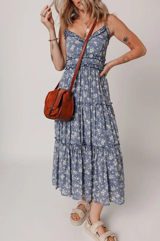 Floral Spaghetti Strap Frilled V Neck Tiered Midi Dress-