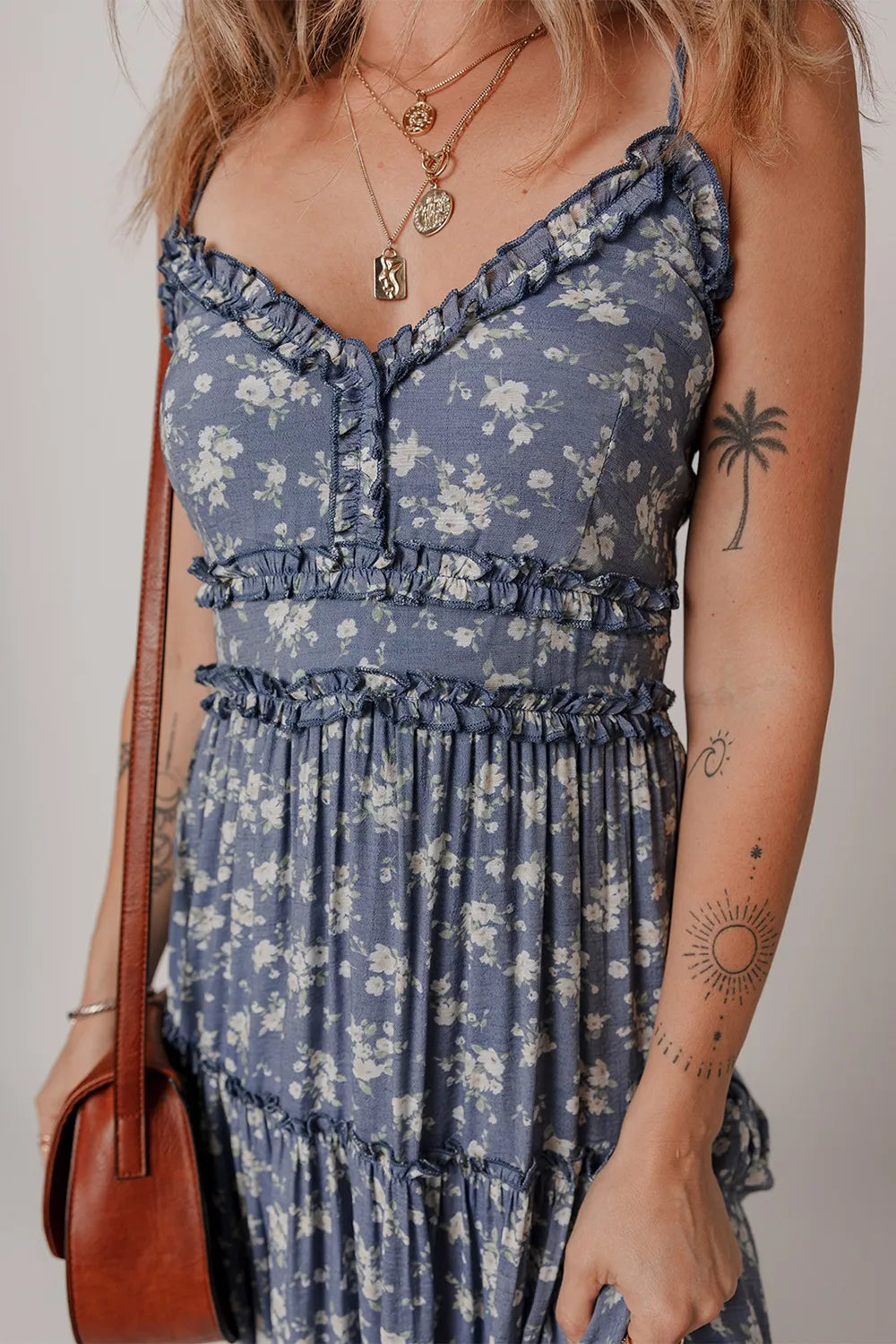 Floral Spaghetti Strap Frilled V Neck Tiered Midi Dress-