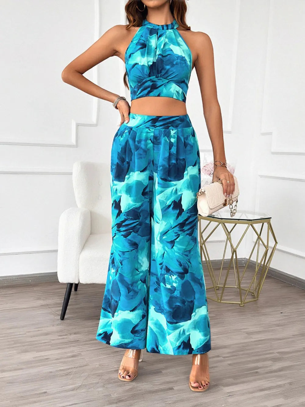 Devine Printed Halter Neck Top and Pants Set-