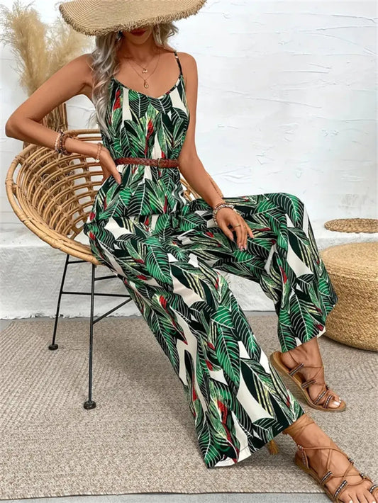 Tropical Print Spaghetti Strap Wide Leg Jumpsuit-
