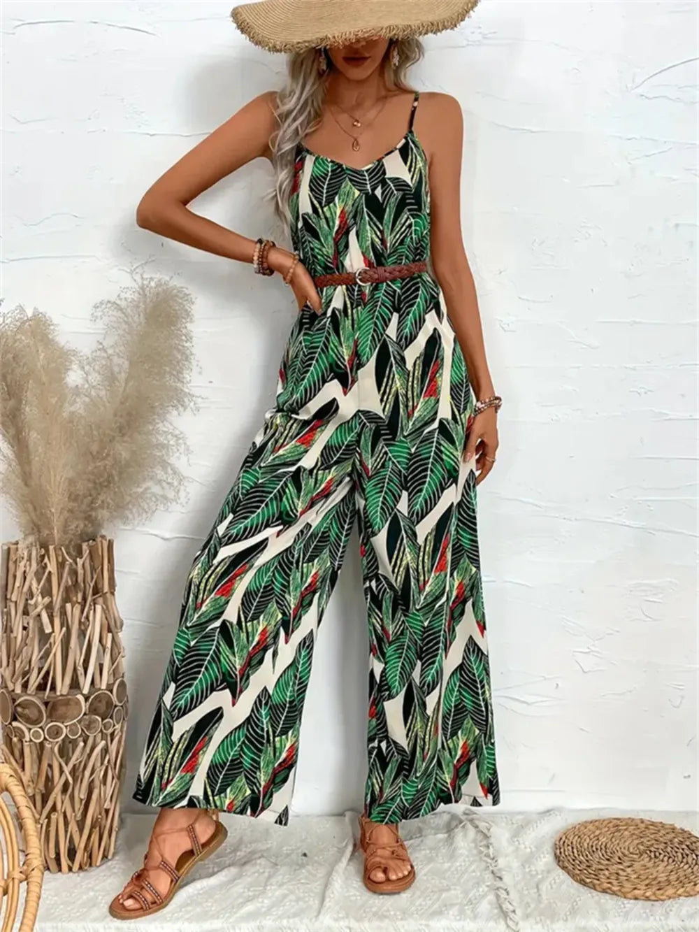 Tropical Print Spaghetti Strap Wide Leg Jumpsuit-