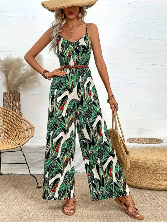 Tropical Print Spaghetti Strap Wide Leg Jumpsuit-
