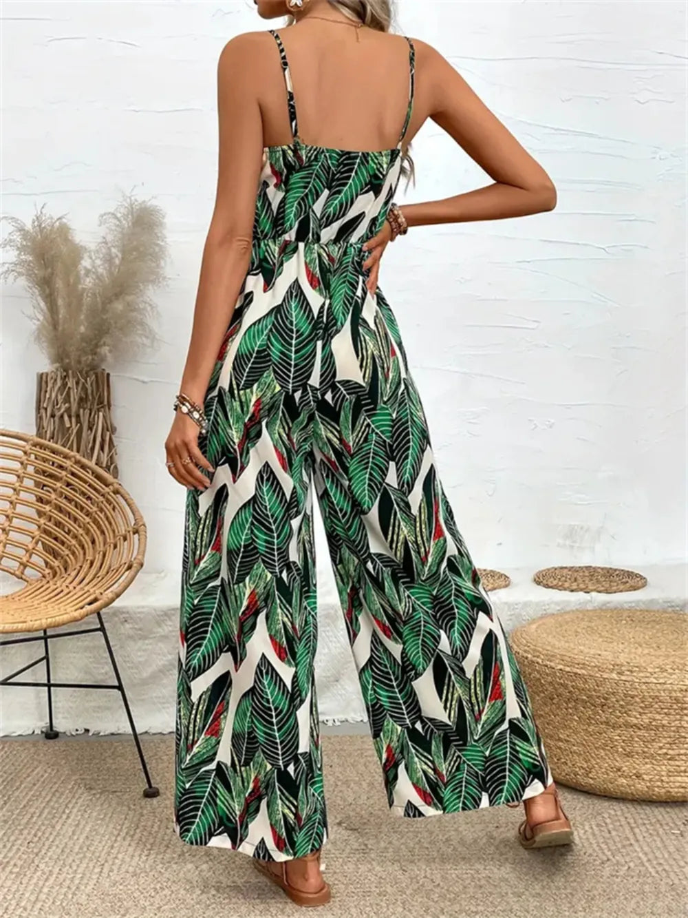 Tropical Print Spaghetti Strap Wide Leg Jumpsuit-