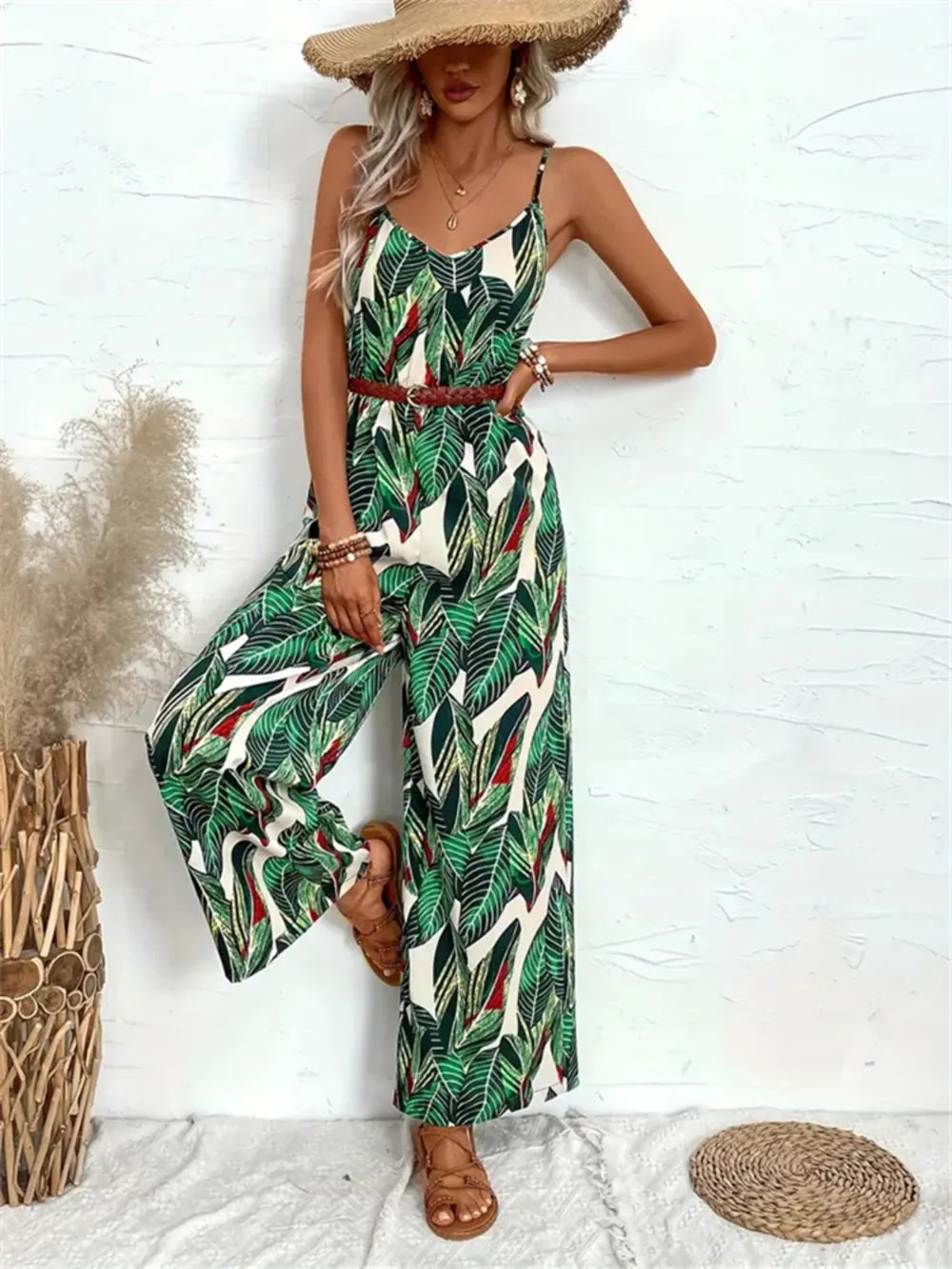 Tropical Print Spaghetti Strap Wide Leg Jumpsuit-