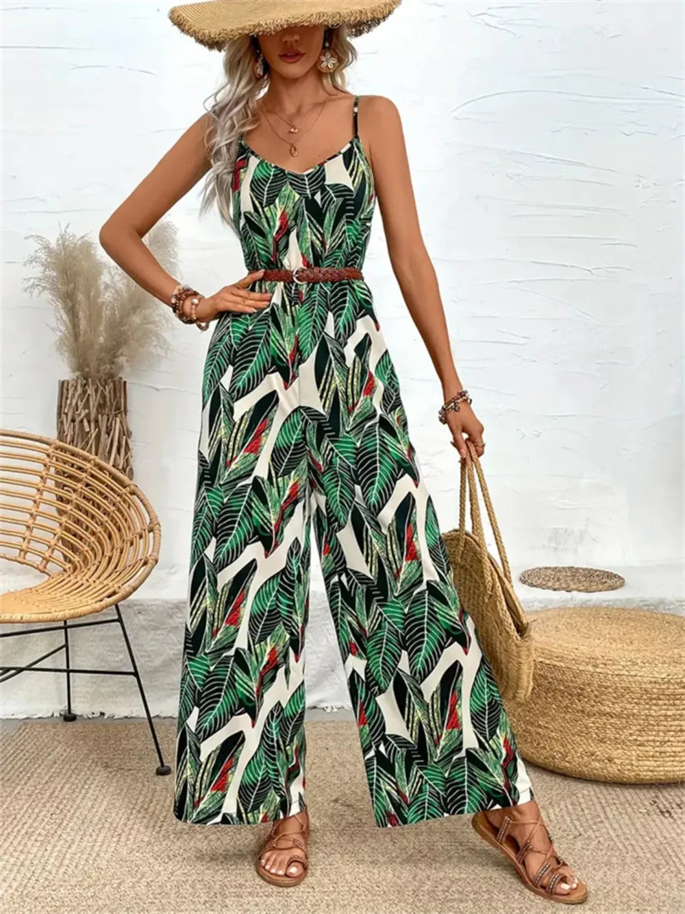Tropical Print Spaghetti Strap Wide Leg Jumpsuit-