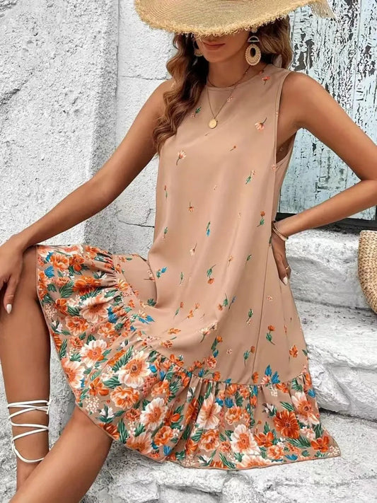 Ruffled Hem Floral Sleeveless Mini Tank Dress-