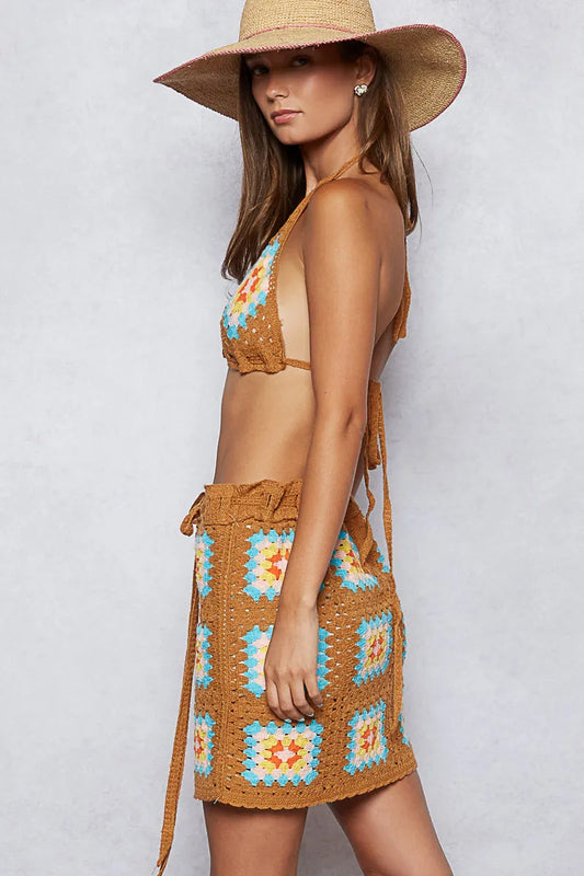 POL Crochet Halter Neck Cami and Skirt Sweater Set-