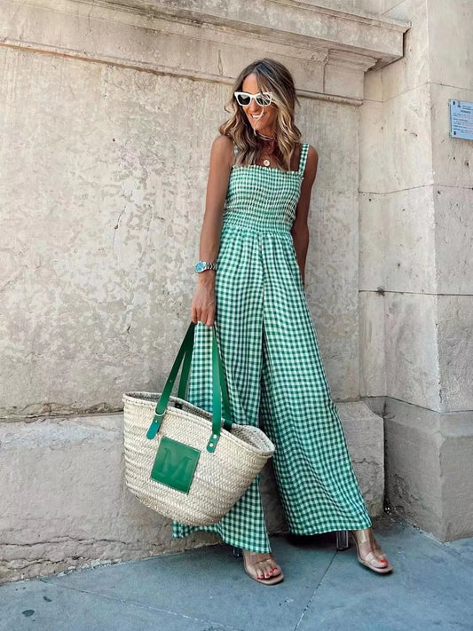 Gingham Smocked Wide-Leg Jumpsuit-Get You Some Sun