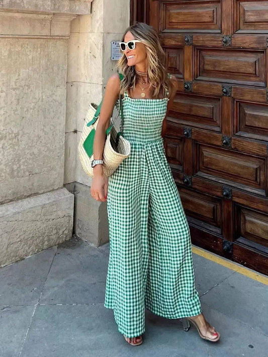 Gingham Smocked Wide-Leg Jumpsuit-Get You Some Sun