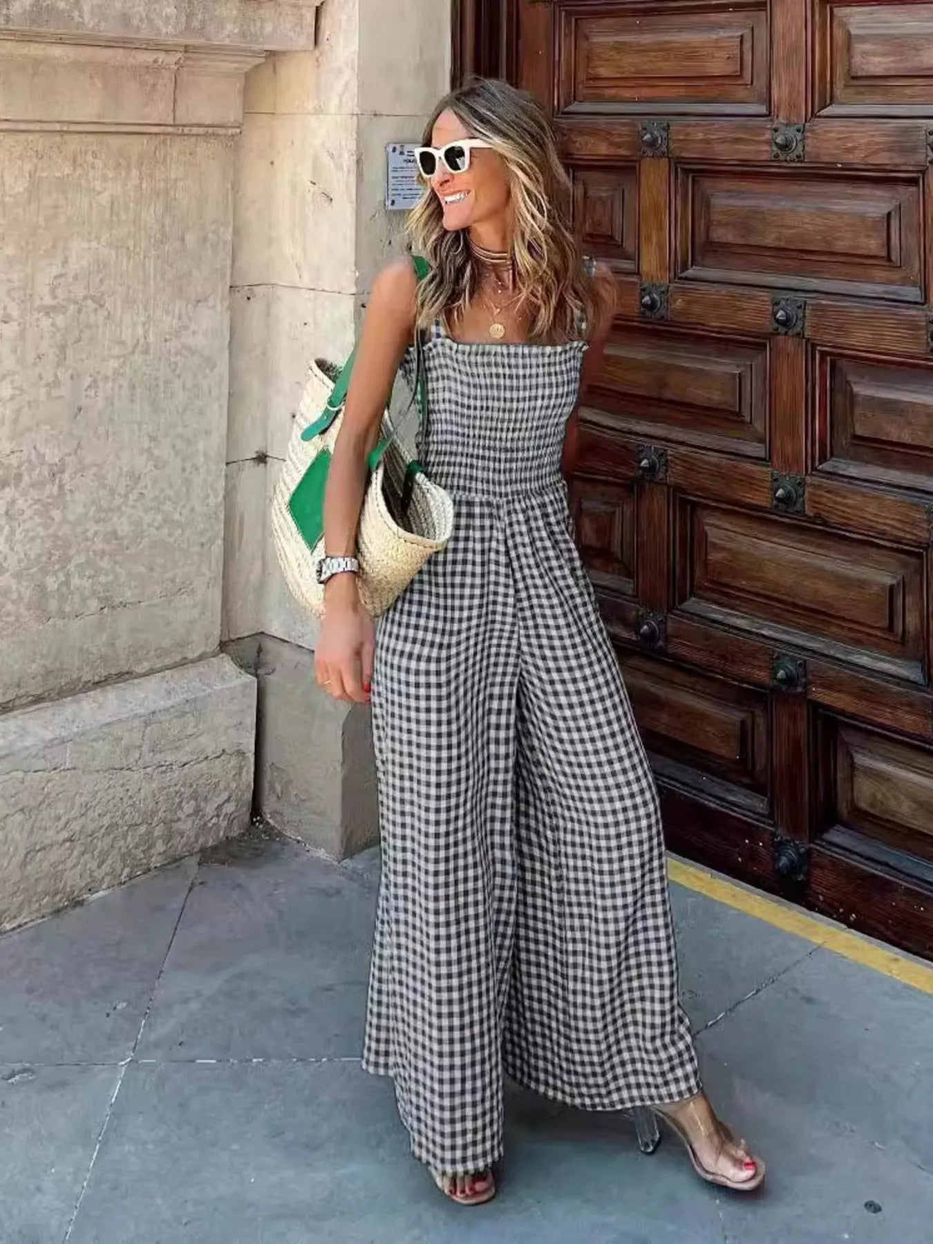Gingham Smocked Wide-Leg Jumpsuit-Get You Some Sun