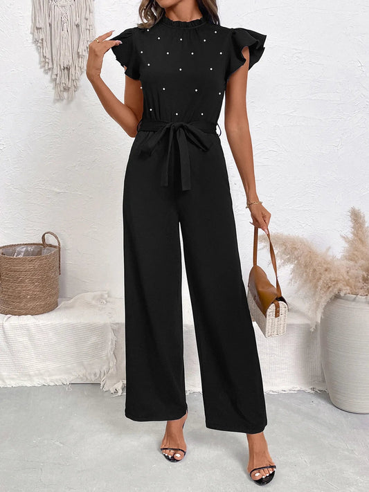 Pearl Detail Ruffled Cap Sleeve Jumpsuit-Get You Some Sun