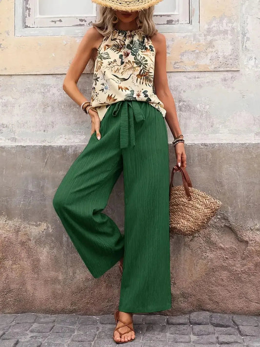 Printed Tank Top and Wide Leg Pants Set-Get You Some Sun