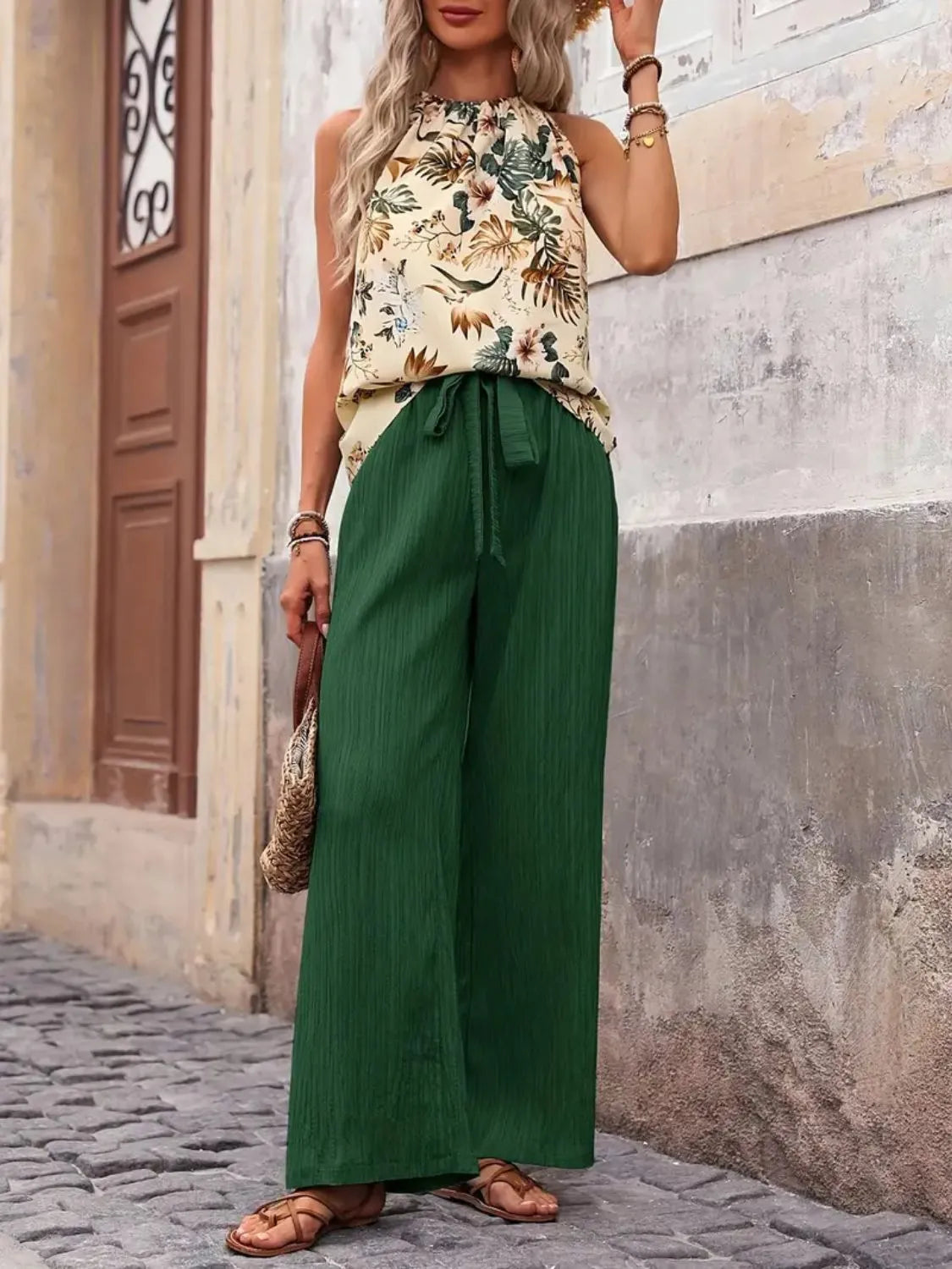 Printed Tank Top and Wide Leg Pants Set-Get You Some Sun
