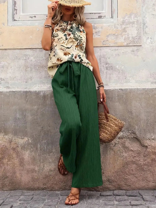 Printed Tank Top and Wide Leg Pants Set-Get You Some Sun