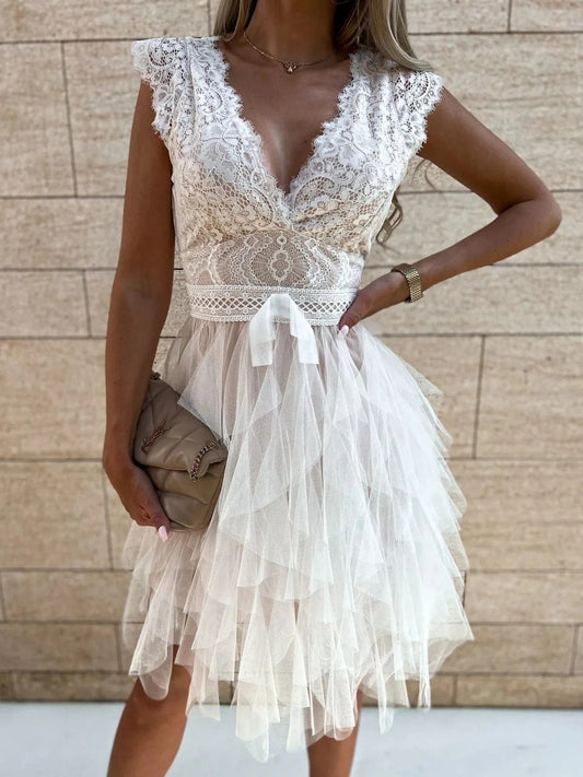 Lace V-Neck Ruffle Dress-Get You Some Sun