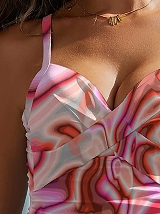 FAM-FAM Printed Sweetheart Neck Spaghetti Strap One-Piece 