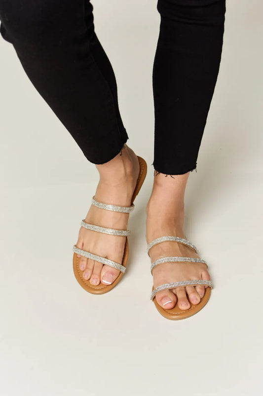 WILD DIVA Rhinestone Three-Strap Flat Sandals-