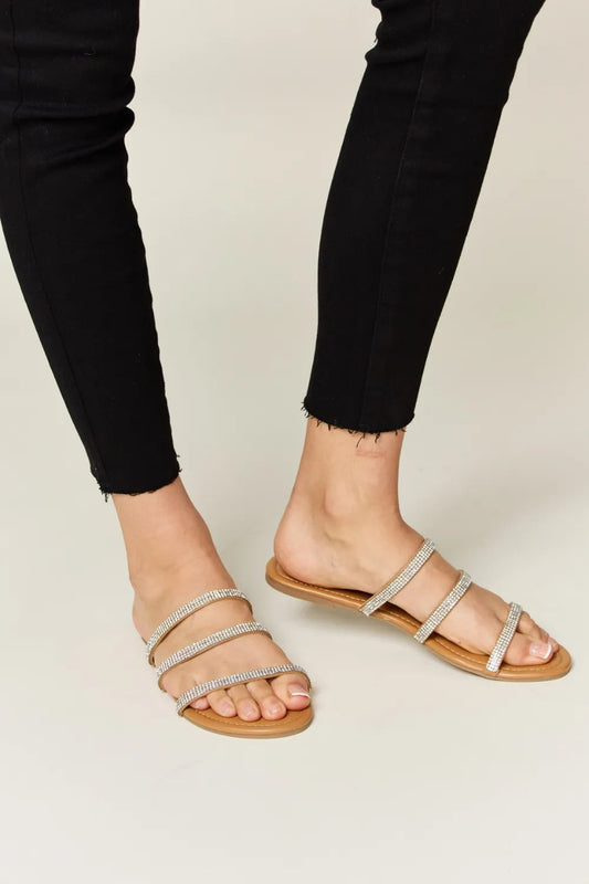 WILD DIVA Rhinestone Three-Strap Flat Sandals-