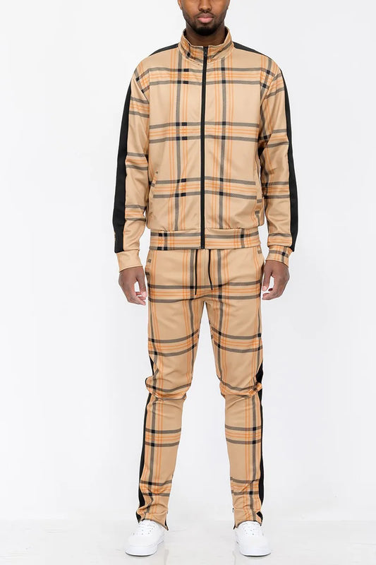  Full Size Plaid Checkered Zip Up Track Jacket and Pants Set