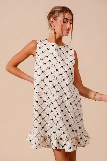 SO ME Texture Bow Printed Mini Ruffle Dress-Get You Some Sun