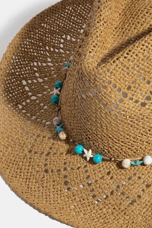 Fame Turquoise and Shell Star Beads Strap Western Straw Hat-