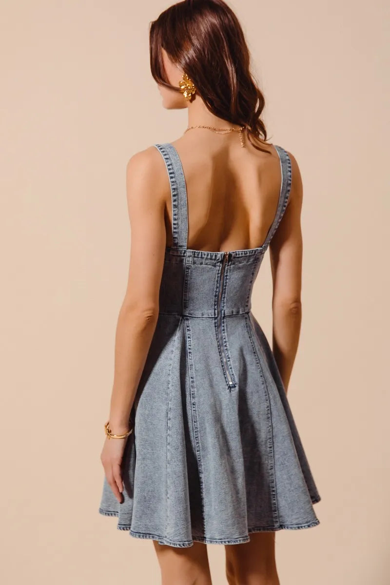 SO ME Mineral Washed Bow Ribbon Denim Flare Dress-