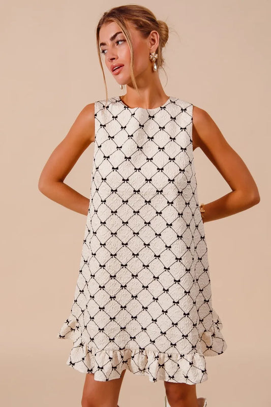 SO ME Texture Bow Printed Mini Ruffle Dress-Get You Some Sun