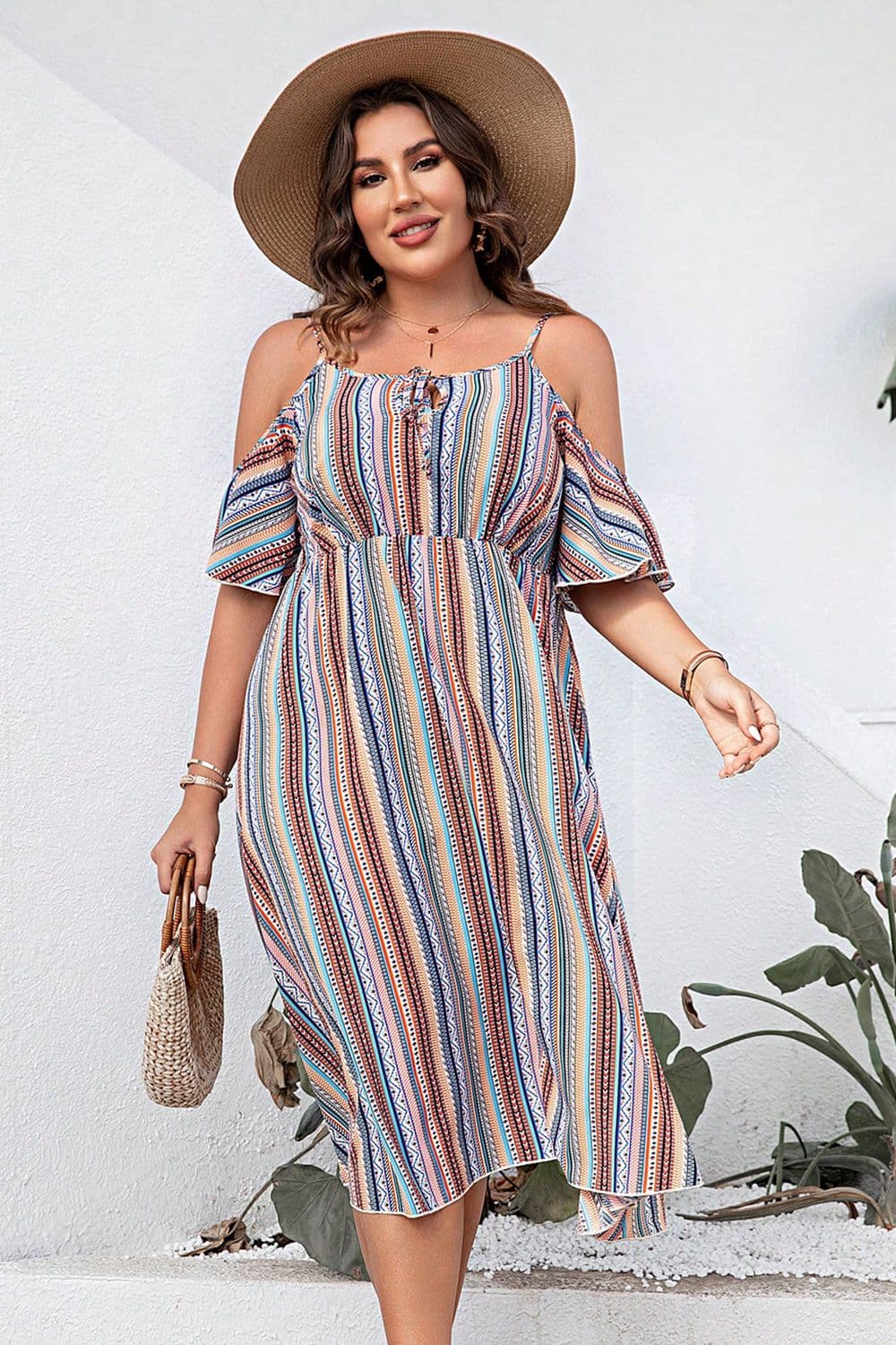 Plus Size Striped Cold-Shoulder Dress-Get You Some Sun