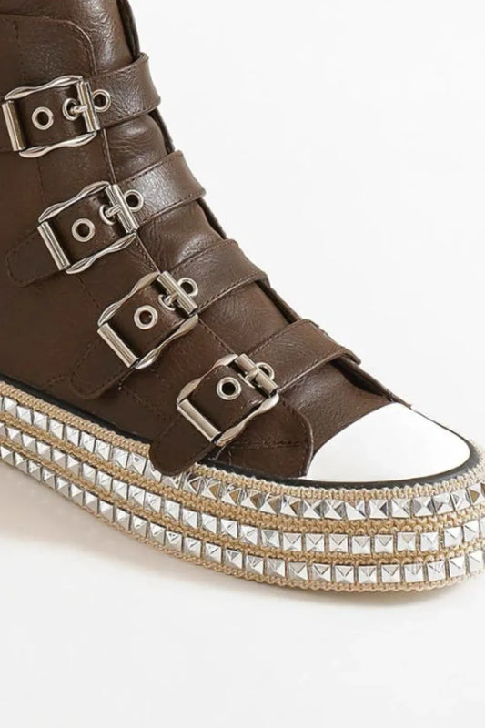 Beast Fashion Multi-Buckle Straps Studded Platform Sneakers-
