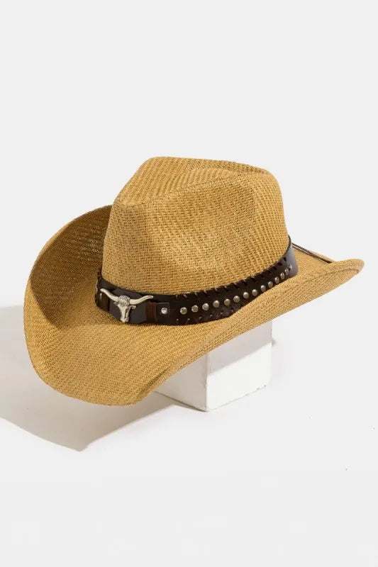 Fame Studded Bull Head Strap Straw Western Cowboy Hat-