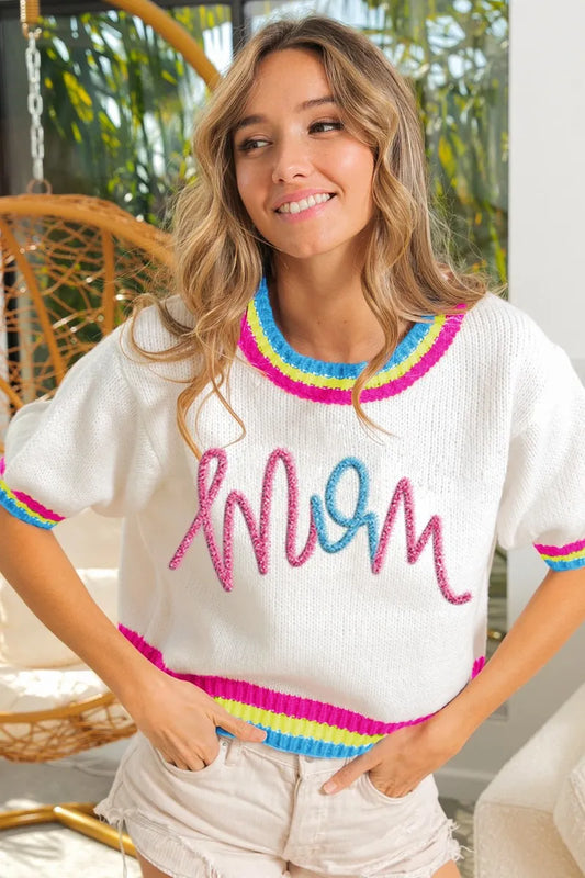 BiBi Metallic Letter Short Puff Sleeve Sweater-