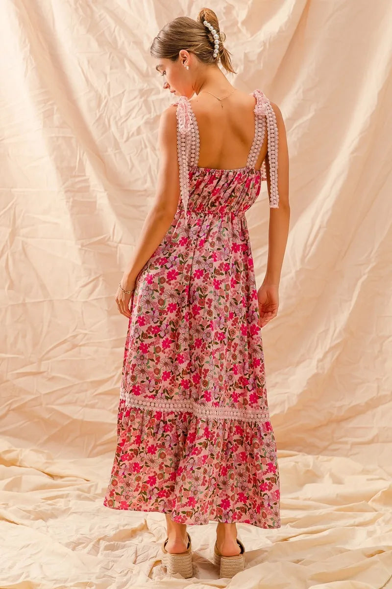 SO ME Floral Maxi Dress With Ribbon Tie Lace Strap-