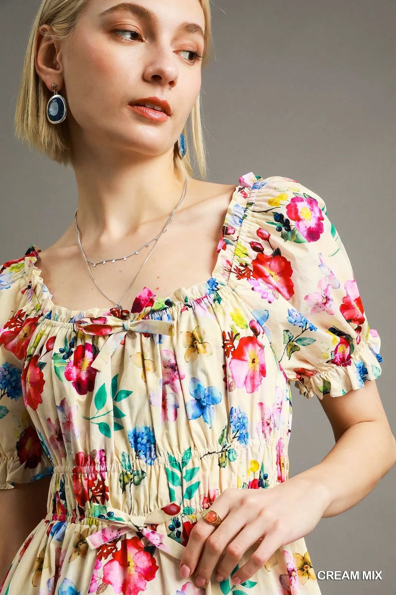 Umgee Floral Print Puff Sleeve Mini Dress-Get You Some Sun